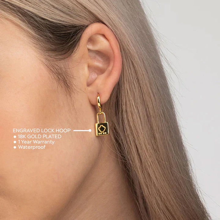 Shop Engraved Lock Hoop Earrings- 18k Gold Plated Palmonas-2