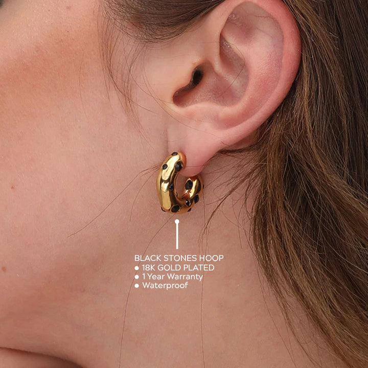 Shop Black Stones Hoop Earrings- 18k Gold Plated Palmonas-3