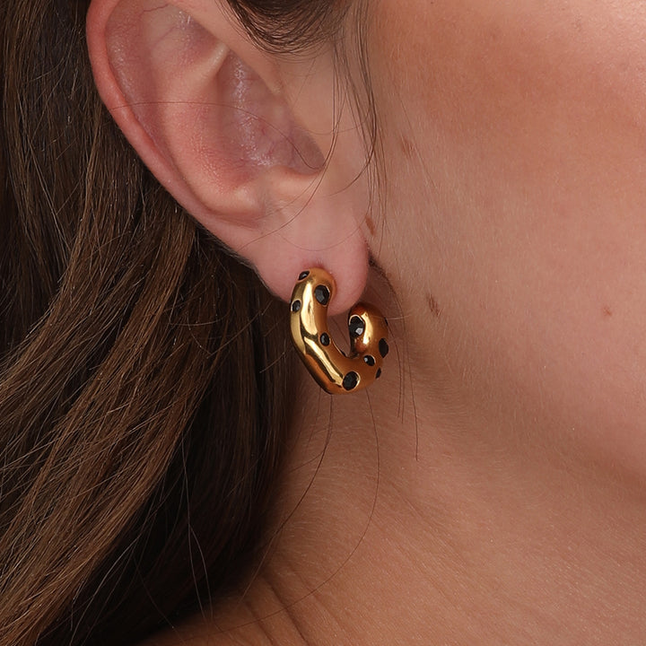 Shop Black Stones Hoop Earrings- 18k Gold Plated Palmonas-2