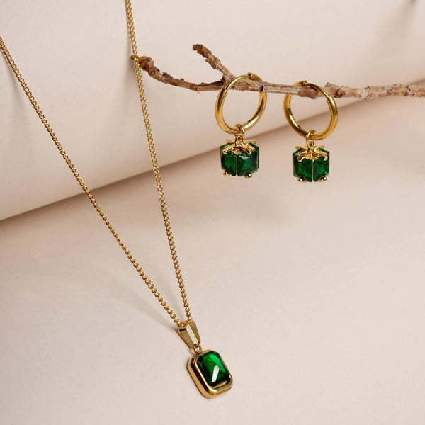 Emerald Hoop Earrings & Classic Emerald Necklace Jewellery Set