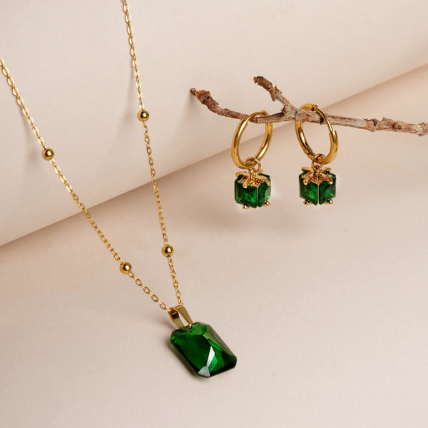 Emerald Hoop Earrings & Dazzling Emerald Necklace Jewellery Set