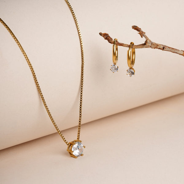 Round Solitaire Necklace & Athena Solitaire Hoop Earrings Jewellery Set