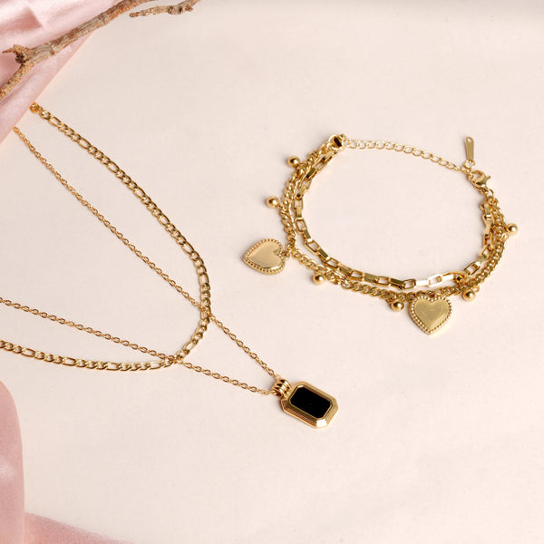 Hearts All Over Bracelet & Black Onyx Two Layer Necklace Jewellery Set