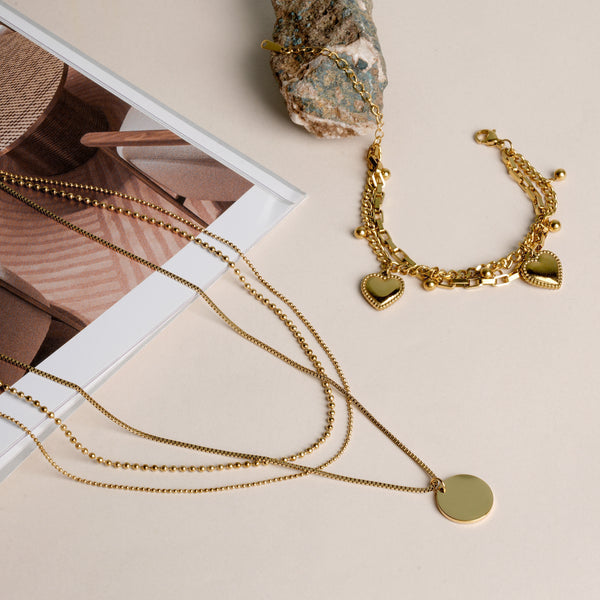 Hearts All Over Bracelet & Round Belle Three Layer Necklace Jewellery Set
