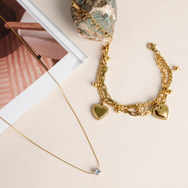 Delicate Diamond Studded Necklace & Hearts All Over Bracelet Jewellery Set