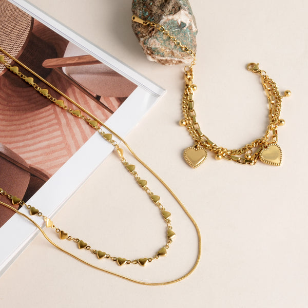 Love Embrace Two Layered Necklace & Hearts All Over Bracelet Jewellery Set