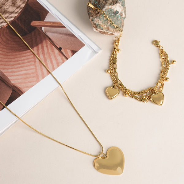 Hearts All Over Bracelet & Golden Heart Charm Chain Necklace Jewellery Set