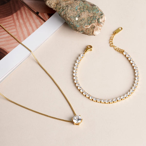 Diamond Affair Bracelet & Round Solitaire Necklace Jewellery Set