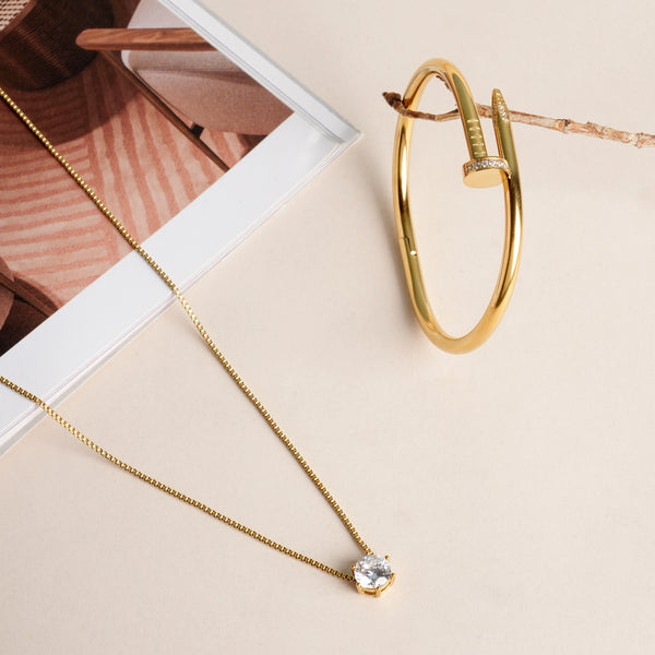 Nail Bangle Bracelet & Round Solitaire Necklace Jewellery Set