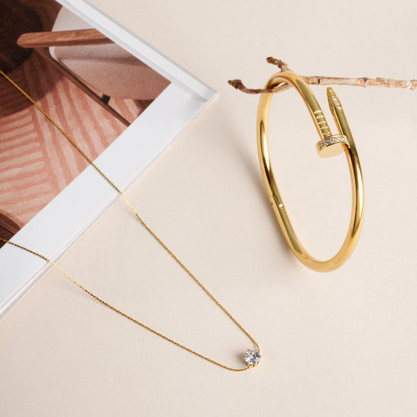 Nail Bangle Bracelet & Delicate Diamond Studded Necklace Jewellery Set