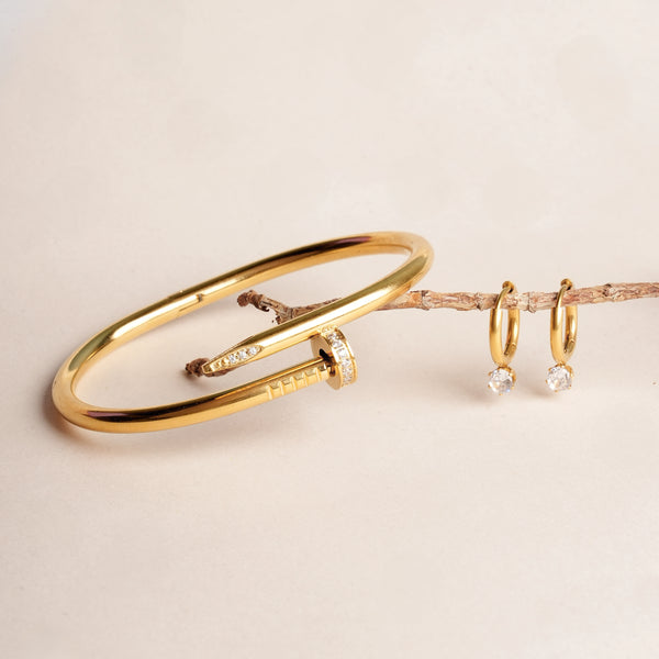 Nail Bangle Bracelet & Athena Solitaire Hoop Earrings Jewellery Set