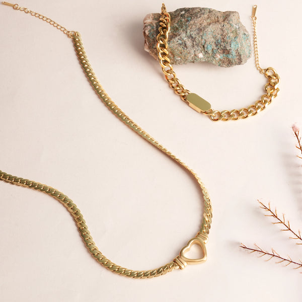 Cuban Chain Hollow Heart Necklace & Small Bar Bracelet Jewellery Set