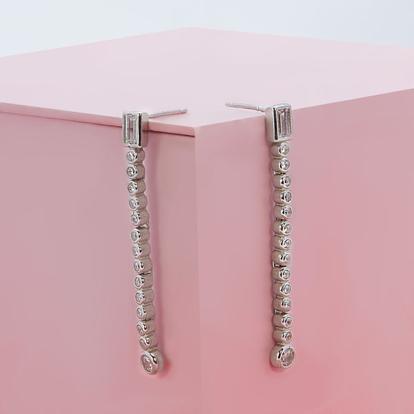 Dropping Linear Baguette Silver Dangle Earrings