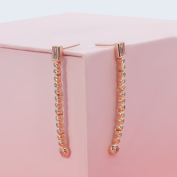Dropping Linear Baguette Rose Gold Dangle Earrings
