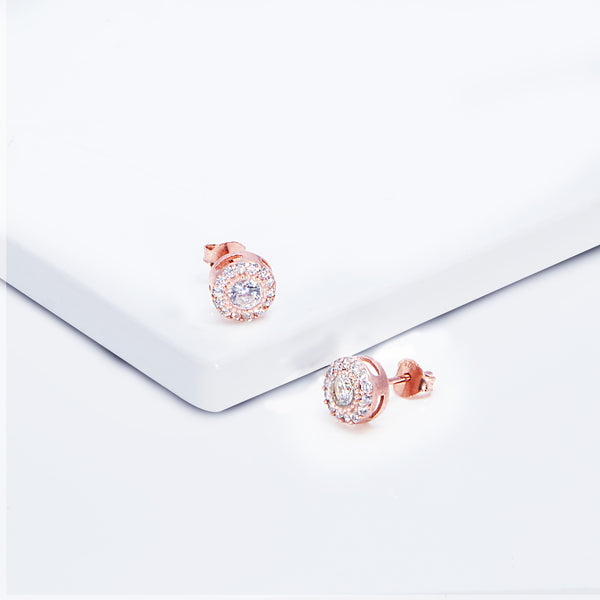 Shiny Halo Rose Gold Stud Earrings