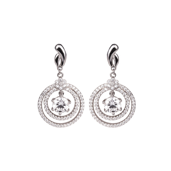 Dancing Diamond Dual Halo Silver Drop Earrings