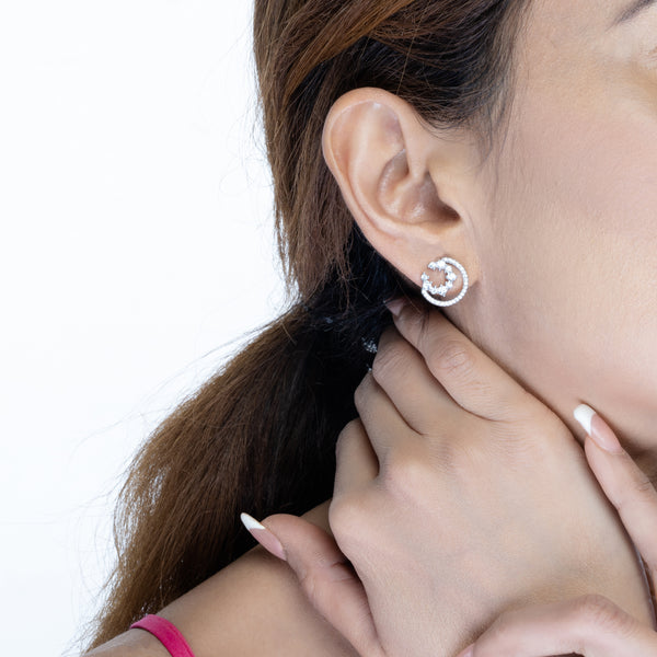 Silver Zircon Constellated Moon Stud Earrings