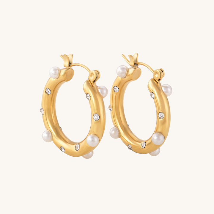 Shop Diamond Pearl Studded Hoop Earrings- 18k Gold Plated Palmonas-3