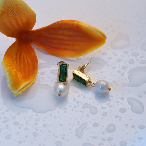 Green Stone Pearl Dangle Earrings- 18k Gold Plated