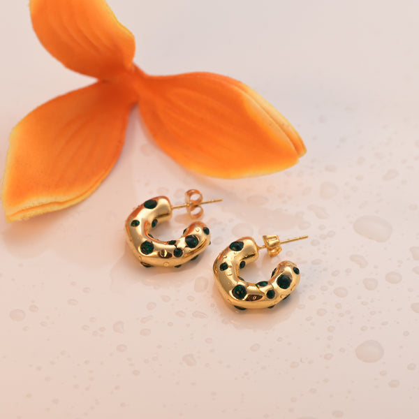Green Stone Studded Hoop Earrings- 18k Gold Plated