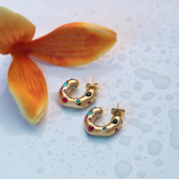 Colourful Stones Hoop Earrings- 18k Gold Plated