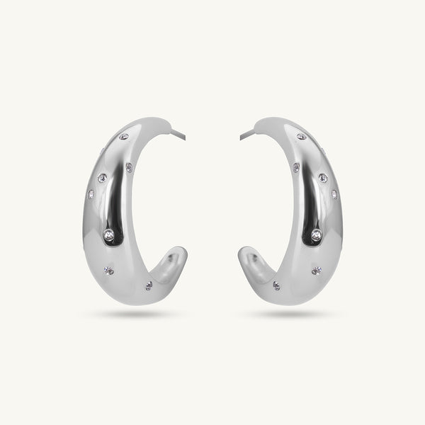 Silver Cashew Diamond Hoop Earrings