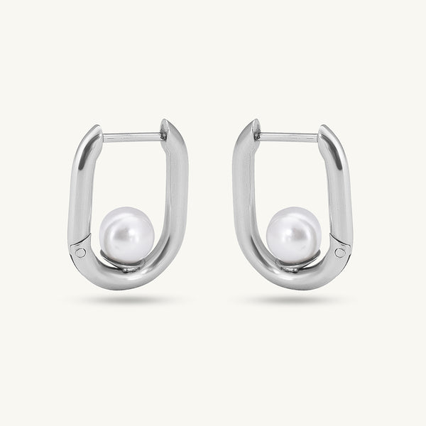 Silver U Pearl Hoop Earrings
