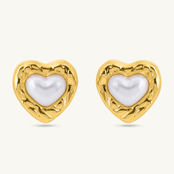 Golden Embrace Pearl Heart Studs