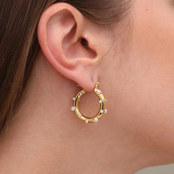 Pearl Studded Hoop Earrings- 18k Gold Plated