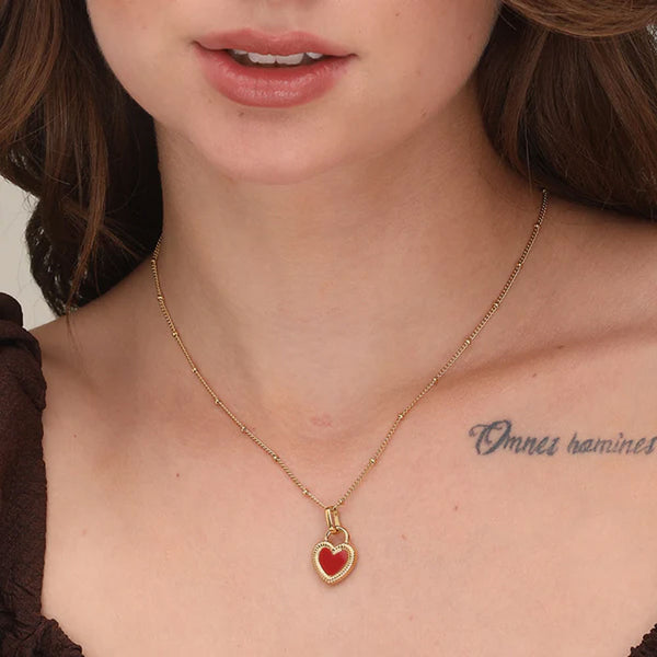 Red White Heart Necklace- 18k Gold Plated