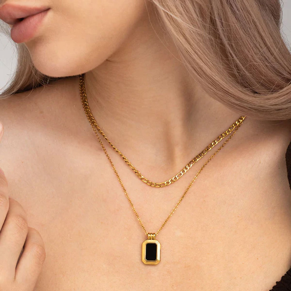 Black Onyx Two Layer Necklace- 18k Gold Plated