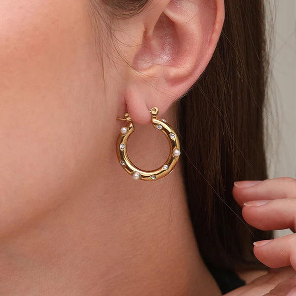 Diamond Pearl Studded Hoop Earrings- 18k Gold Plated
