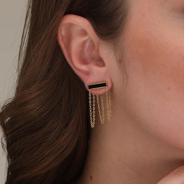 Black Stone Chain Earrings- 18k Gold Plated