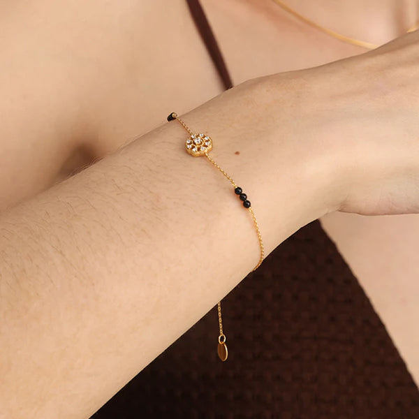 18K Solid Yellow Gold Double Strand Mangalsutra Bracelet with Gold Chain and Black Beads 6.5 Inches