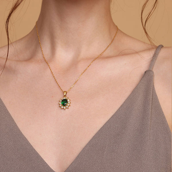 Green Sapphire and Diamond Halo Pendant | 18K Gold Plated