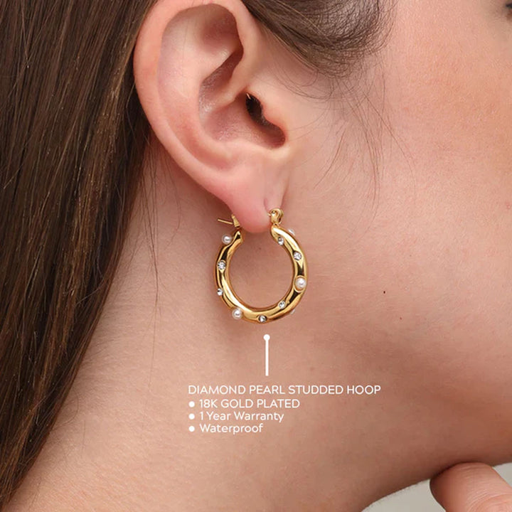 Shop Diamond Pearl Studded Hoop Earrings- 18k Gold Plated Palmonas-2
