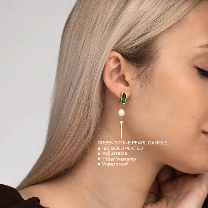 Shop Green Stone Pearl Dangle Earrings- 18k Gold Plated Palmonas-3