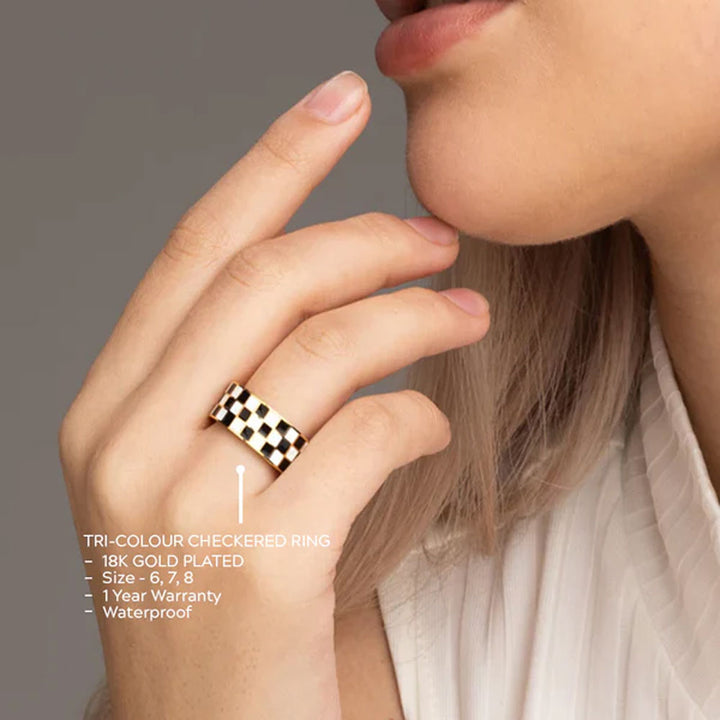 Shop Tri-Colour Checkered Ring- 18k Gold Plated Palmonas-3