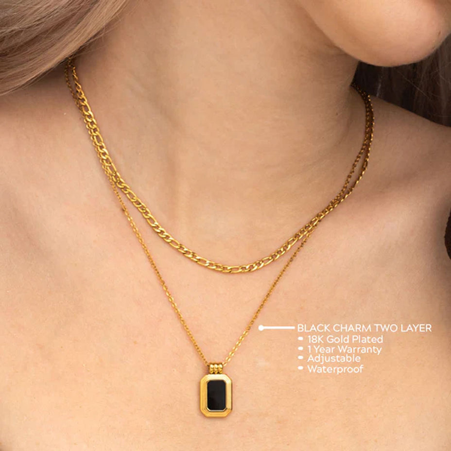 Black Onyx Two Layer Necklace- 18k Gold Plated
