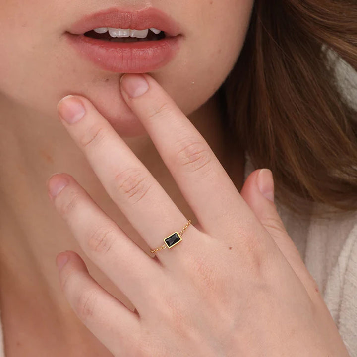 Shop Dainty Black Stone Adjustable Chain Ring- 18k Gold Plated Palmonas-3