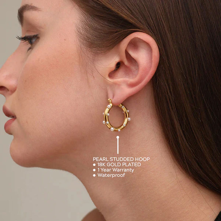 Shop Pearl Studded Hoop Earrings- 18k Gold Plated Palmonas-2