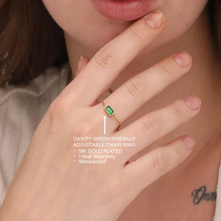 Shop Dainty Green Emerald Adjustable Chain Ring- 18k Gold Plated Palmonas-2