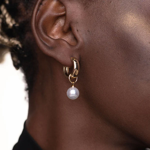 Medium Pearl Hoop Earrings- 18k Gold Plated