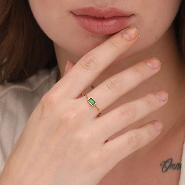 Dainty Green Emerald Adjustable Chain Ring- 18k Gold Plated