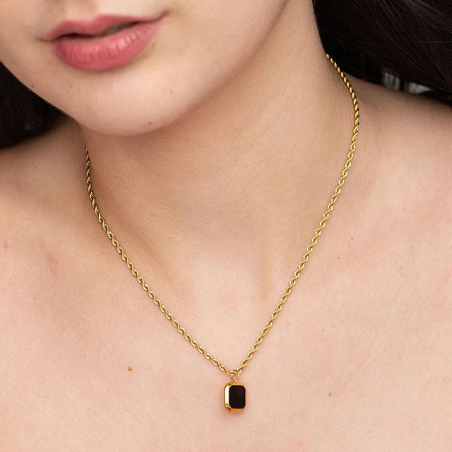 Black Enamel Necklace- 18k Gold Plated