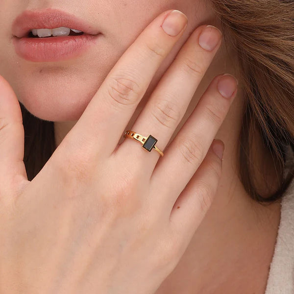 Black Charm Ring- 18k Gold Plated