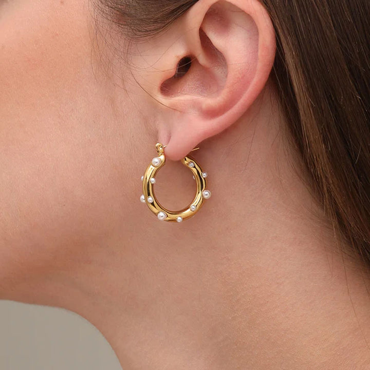Shop Pearl Studded Hoop Earrings- 18k Gold Plated Palmonas-4