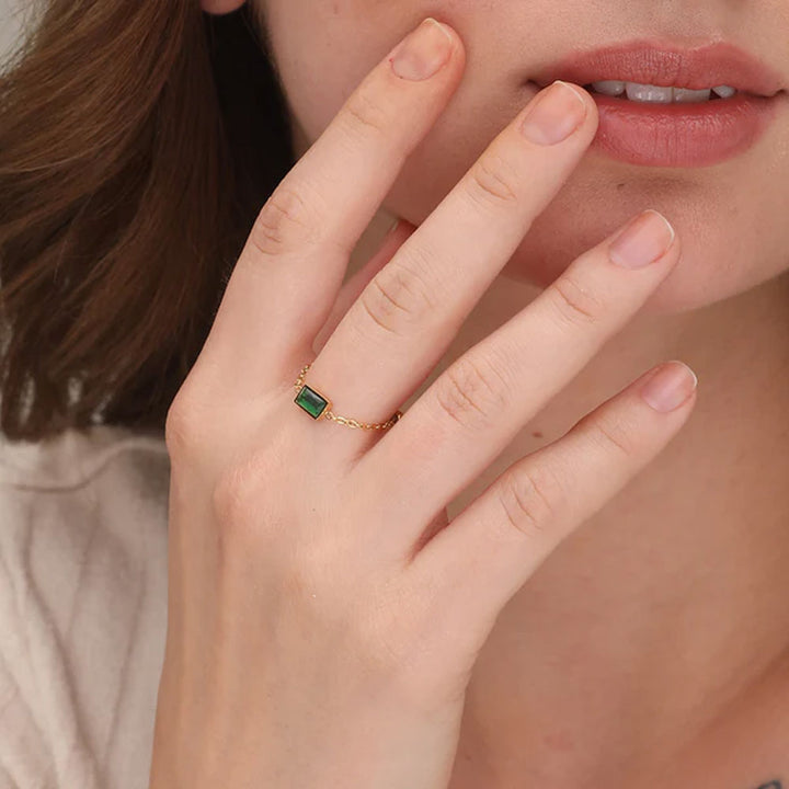 Shop Dainty Green Emerald Adjustable Chain Ring- 18k Gold Plated Palmonas-3