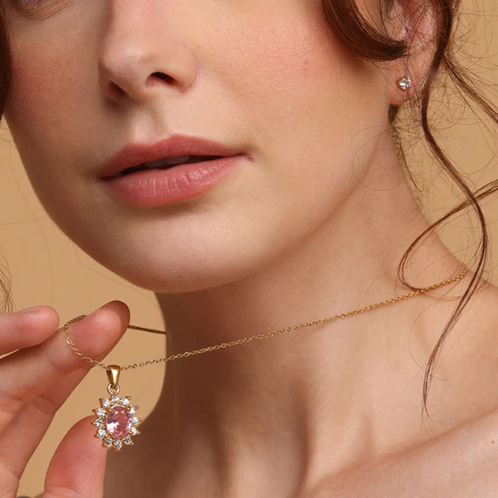 Shop Pink Sapphire and Diamond Halo Pendant | 18k Gold Plated Palmonas-5