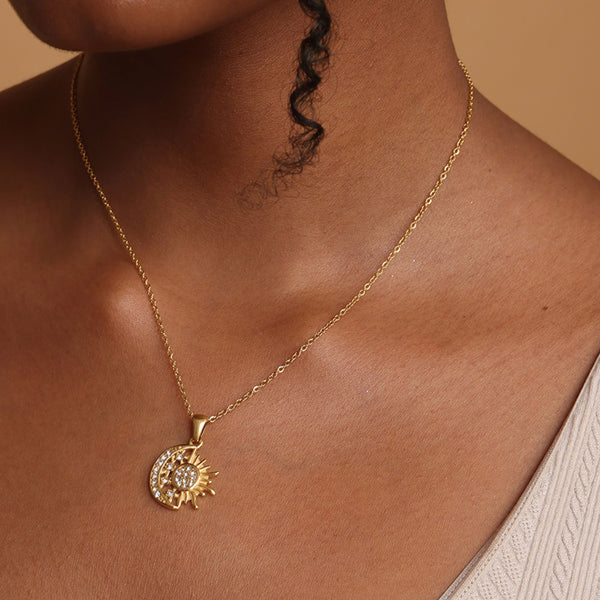 Round Sun Moon Zircon Pendant Necklace | 18k Gold Plated